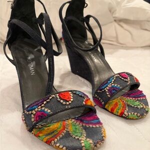 Stuart Weitzman denim Embroidered Wedge Sandals with Multicolor Accents -S8